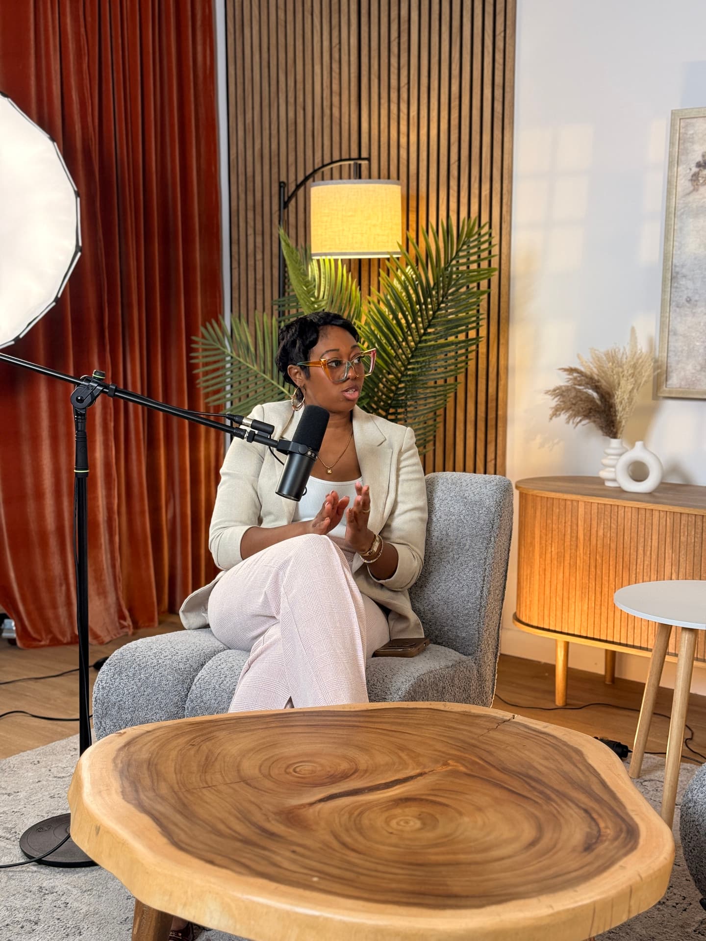 The White & Cozy podcast set at Film Me Studio
